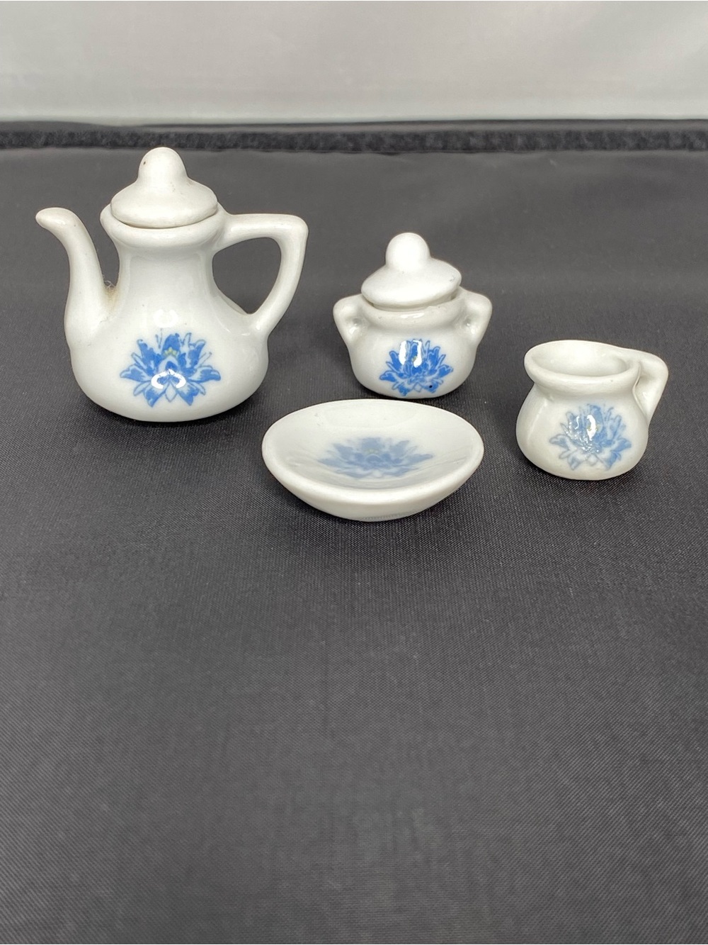 Miniature White Ceramic Tea Set with Blue Floral Design